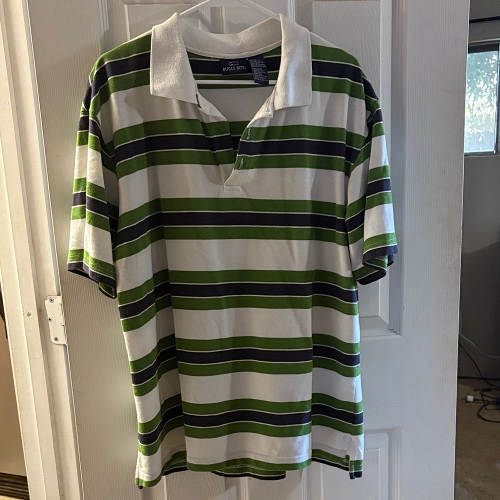 Bugle Boy Men's Polo with Green, Black, and White Stripes